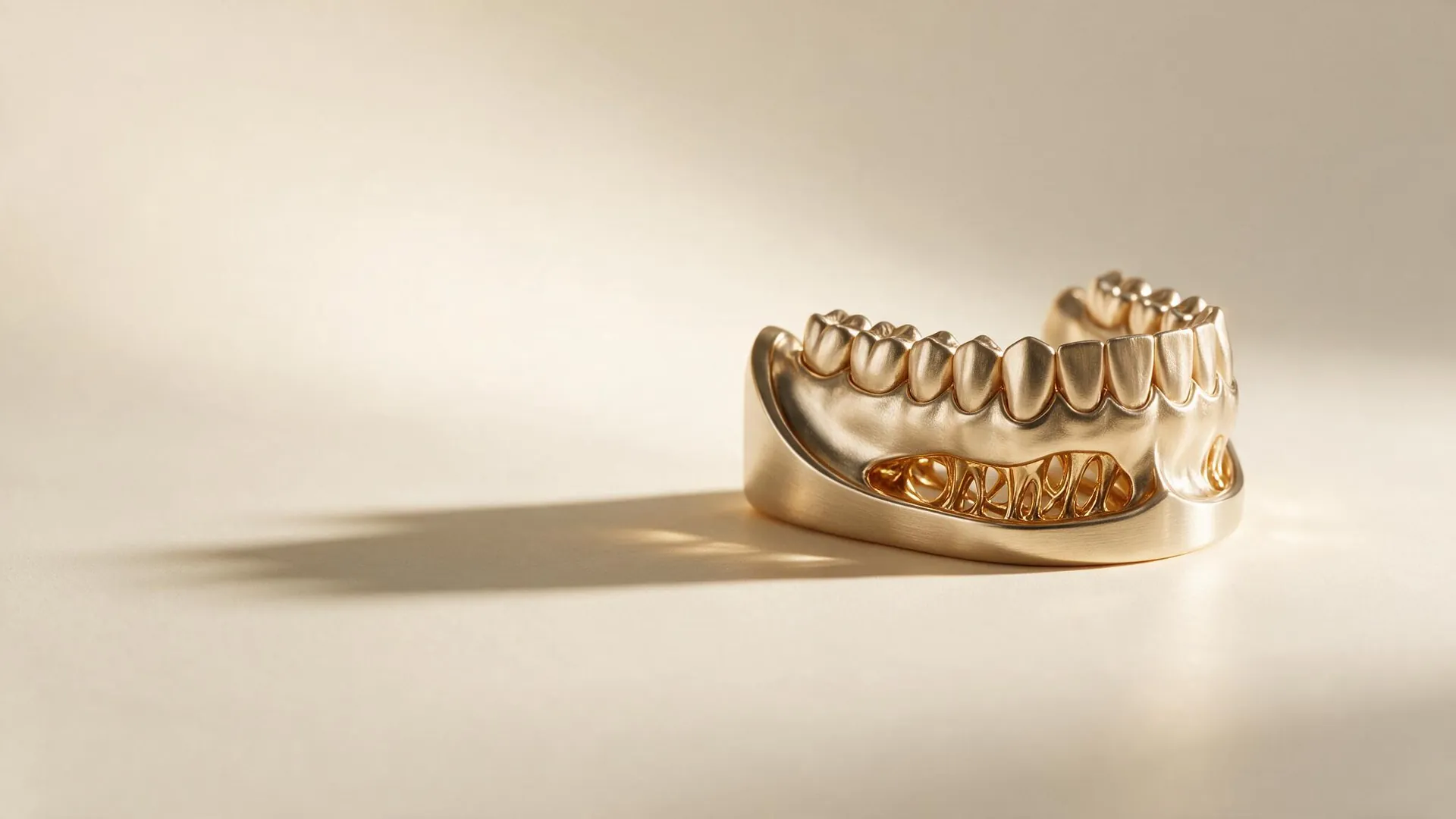 Modelo de arcada dentária em acabamento dourado sobre superfície clara, com luz lateral